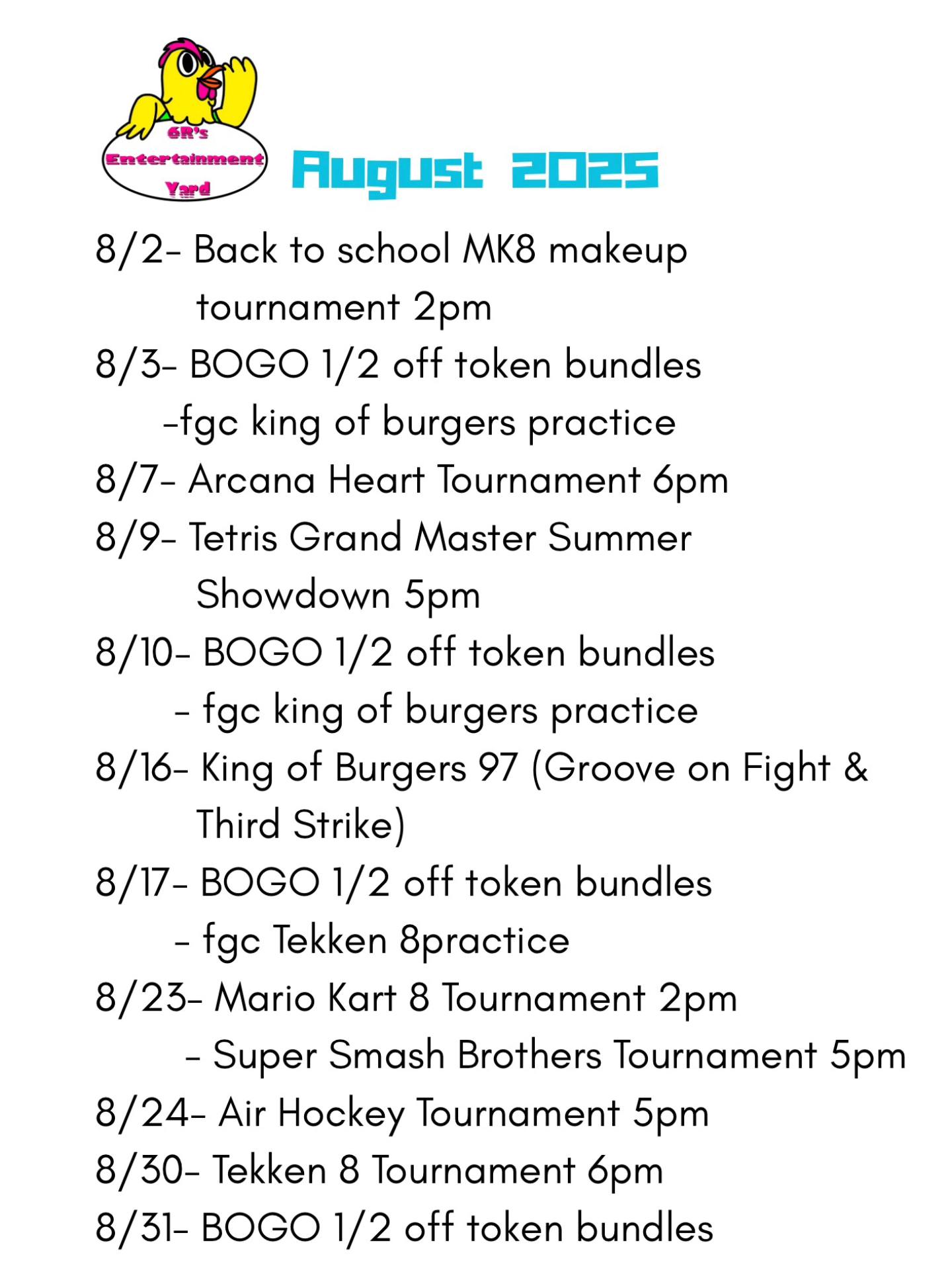 August Events for 6R's Entertainment Yard in list form