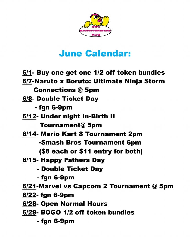June Events for 6R's Entertainment Yard in list form