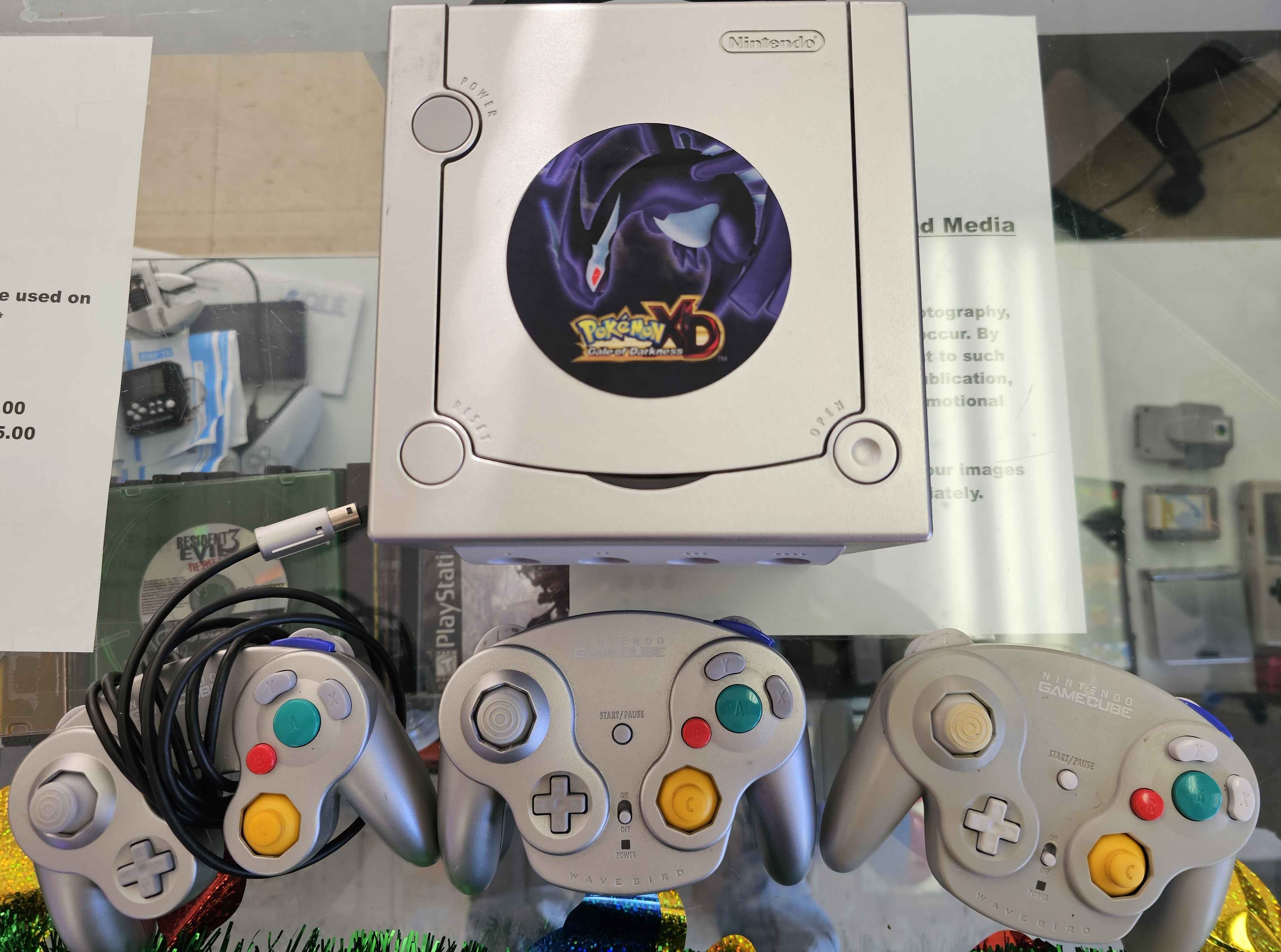 Pokemon XD themed Gamecube with controllers traded into 6R's entertainment yard