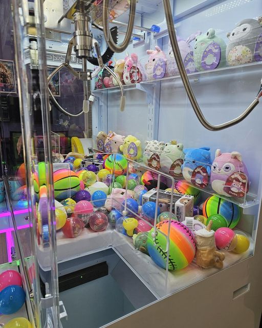 Closer picture of inside of a claw machine that shows prizes that can be won at 6R's entertainment yard.