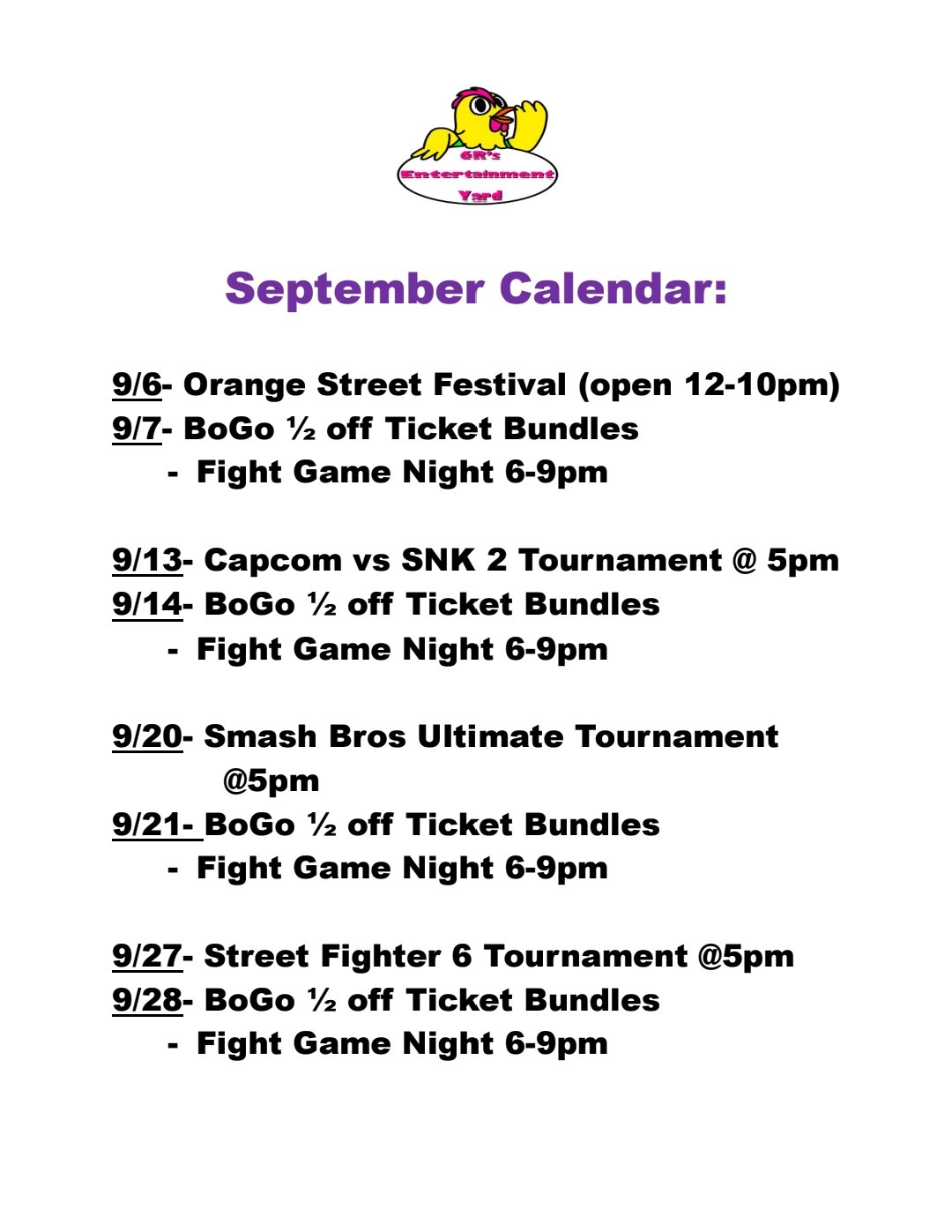 September Events for 6R's Entertainment Yard in list form