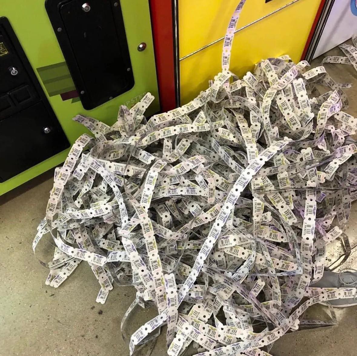 A bunch of tickets that someone will use for a prize at 6R's entertainment yard.